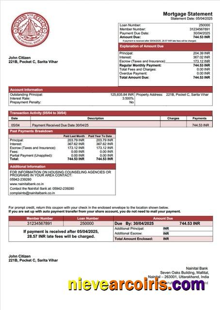 India Nainital Bank mortgage statement Word and PDF template